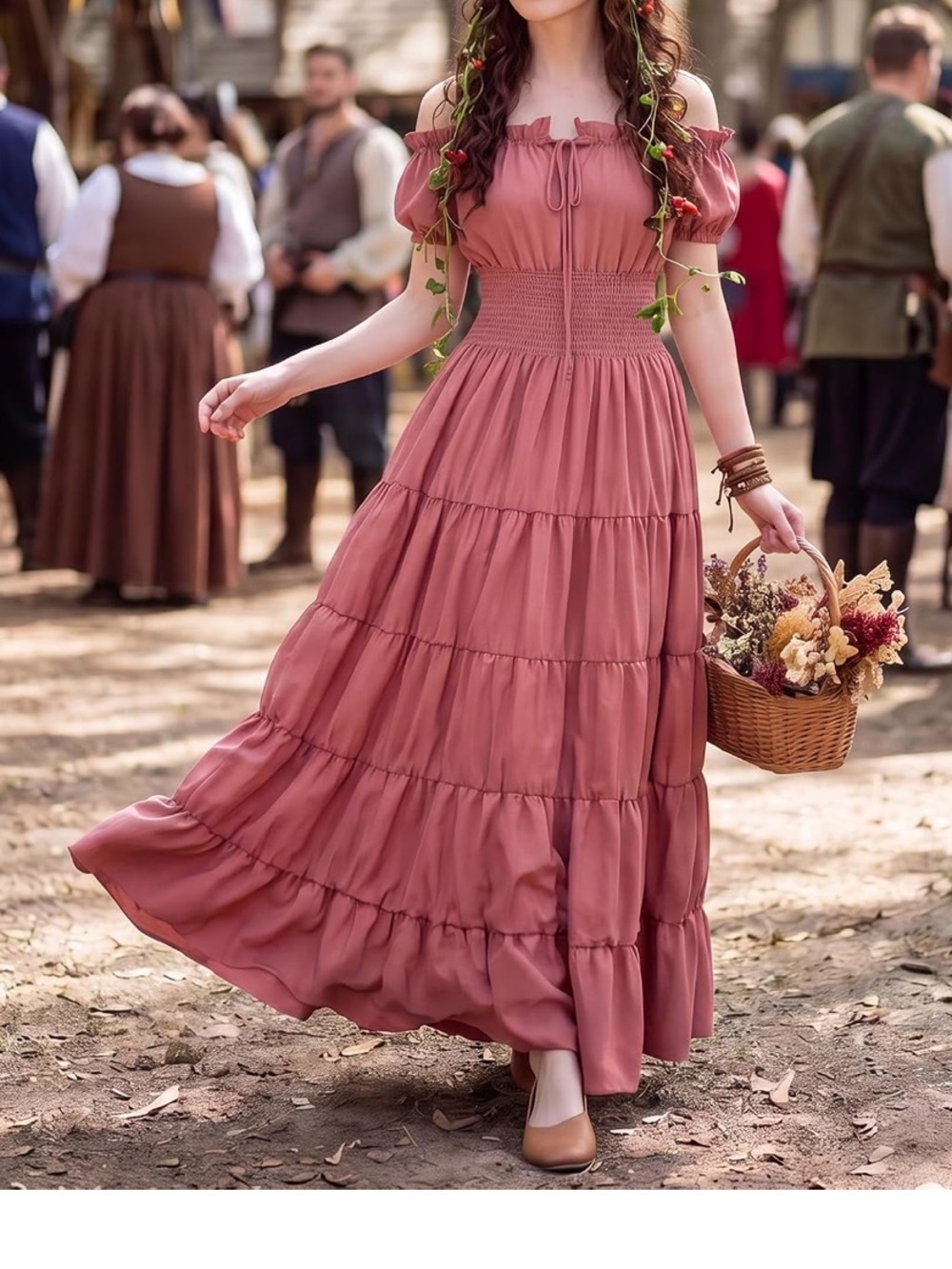 Smocked Off-Shoulder Maxi Dress in Dusty Rose